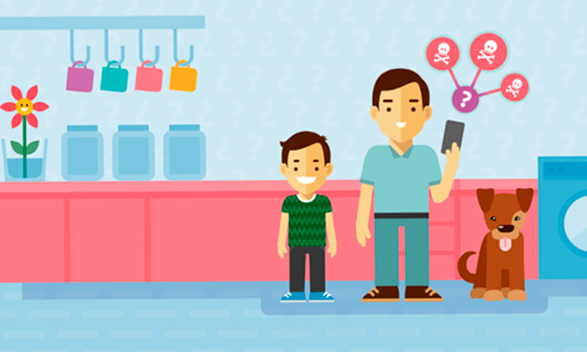Illustration showing a man holding a mobile phone, next to a boy and a dog