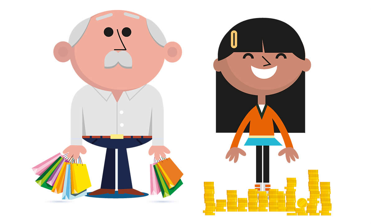 Illustration of a man with shopping bags and a woman with a pile of coins