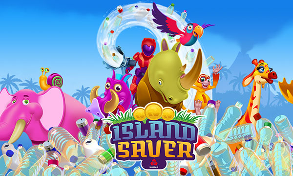 Artwork for the Island Saver game with illustrations of the Islands various animals - an elephant, rhino, giraffe and a moose