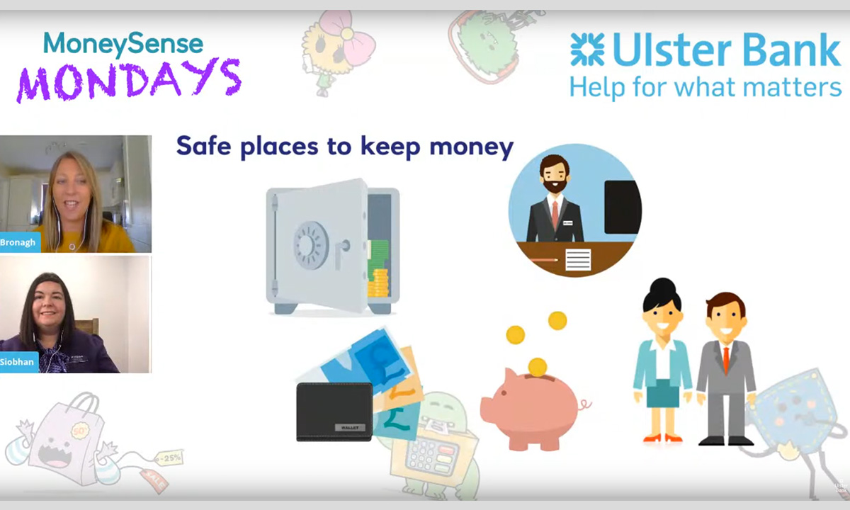 MoneySense Mondays for Ulster Bank - illustrations showing safe places to keep money, such as at the bank