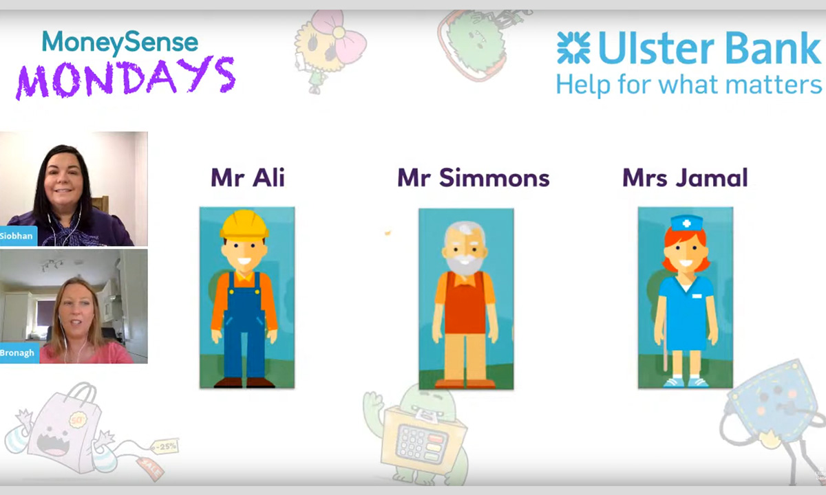 MoneySense Mondays for Ulster Bank - illustration of Mr Ali, Mr Simmons and Mrs Jamal