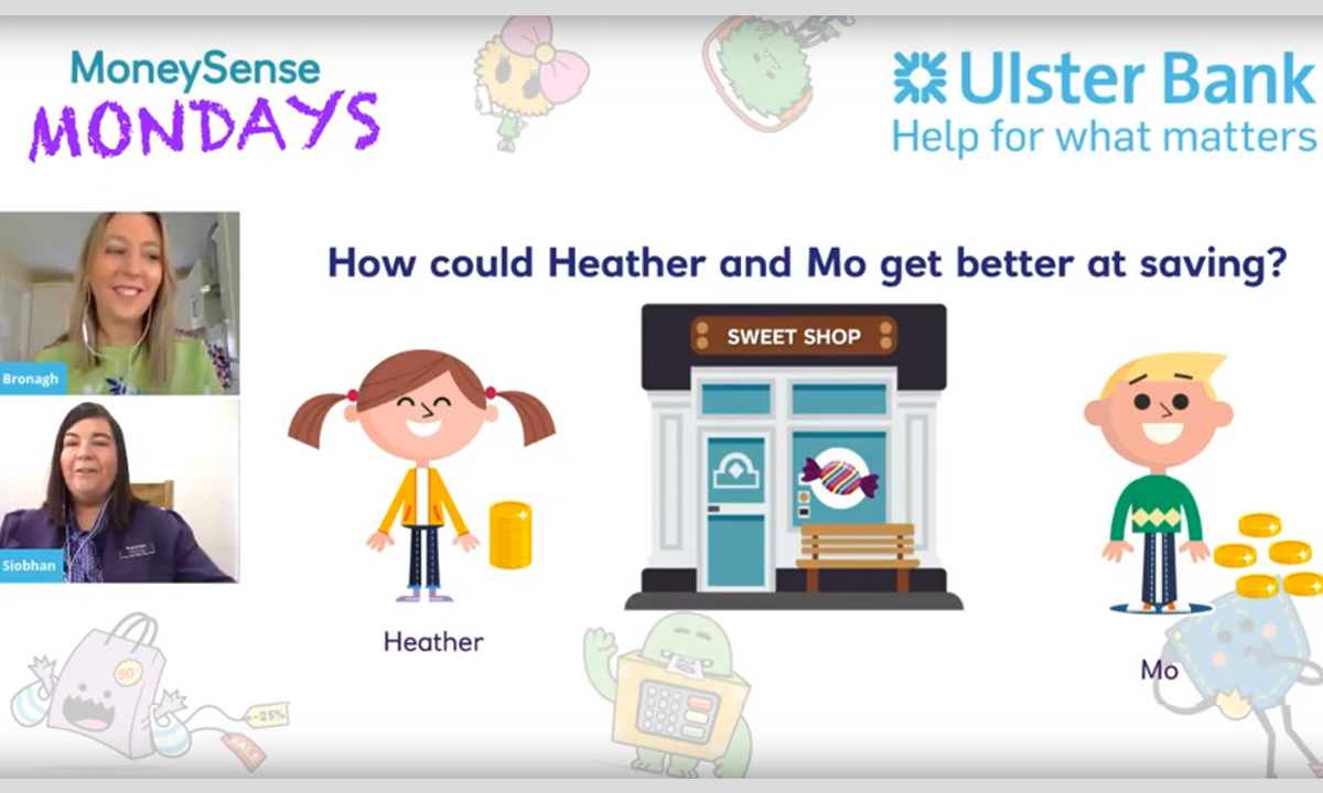 MoneySense Mondays for Ulster Bank - illustration of children Heather and Ali and how they can save money at the sweet shop