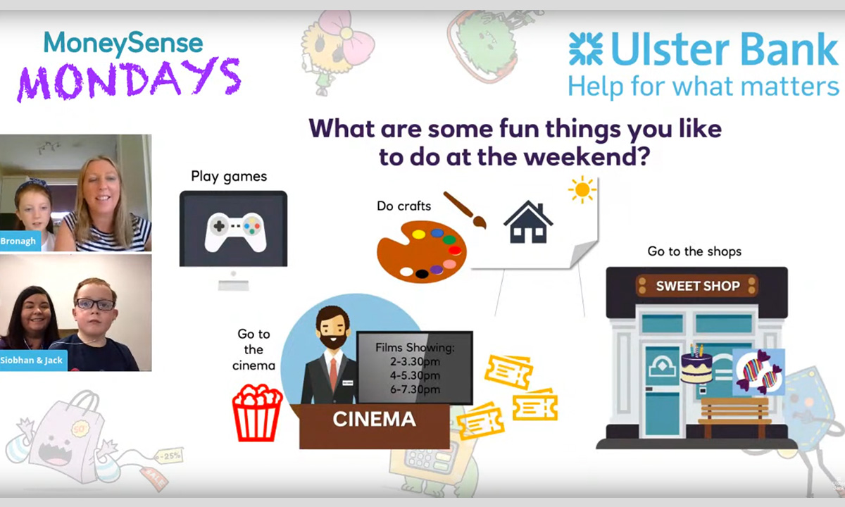 MoneySense Mondays for Ulster Bank - illustration of fun things to do at the weekend e.g. play games, go to the cinema