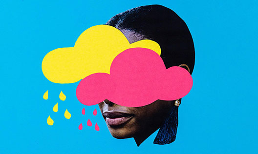Illustration of a woman with colourful clouds over her face