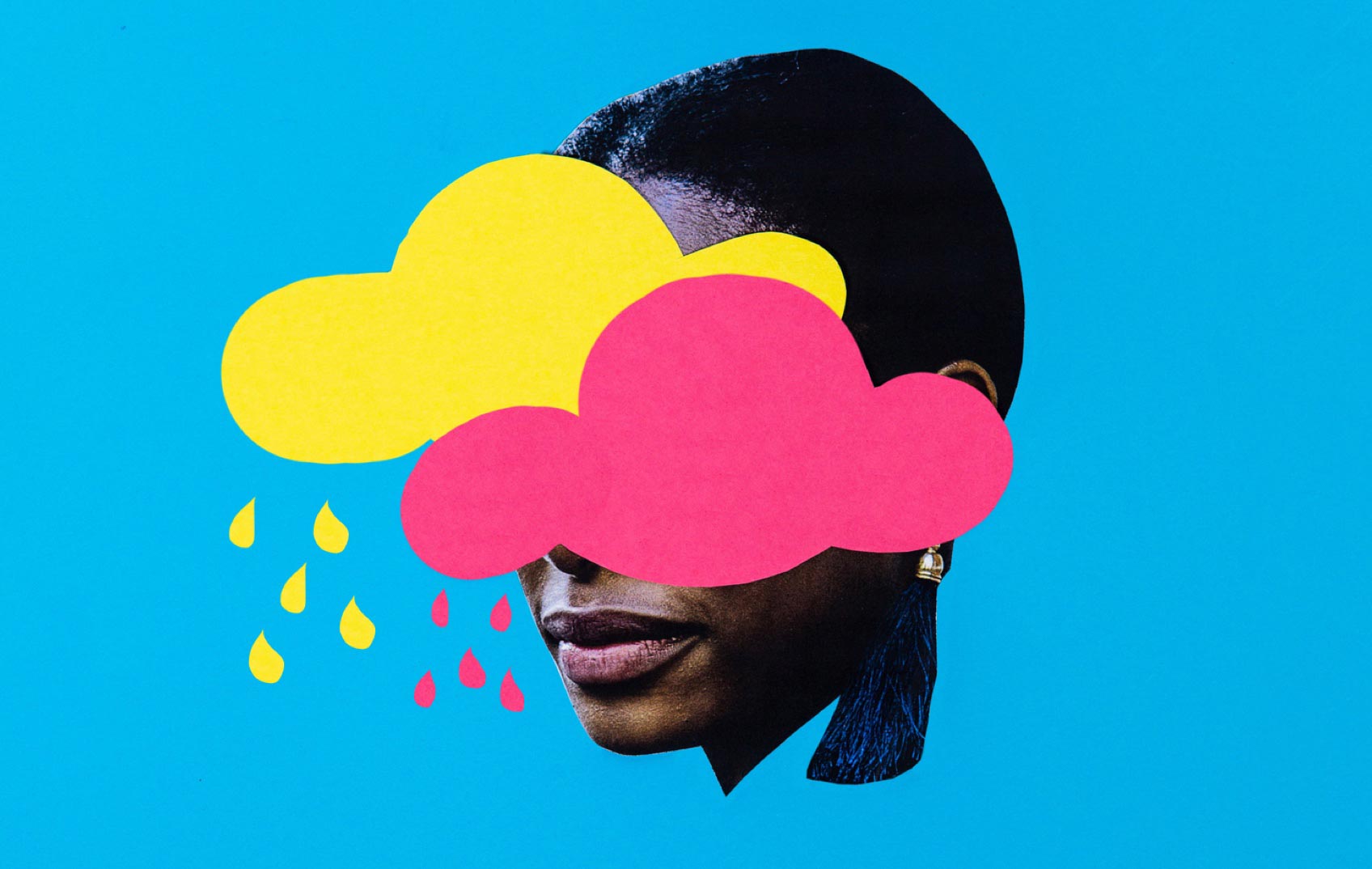 Illustration of a woman with colourful clouds over her face