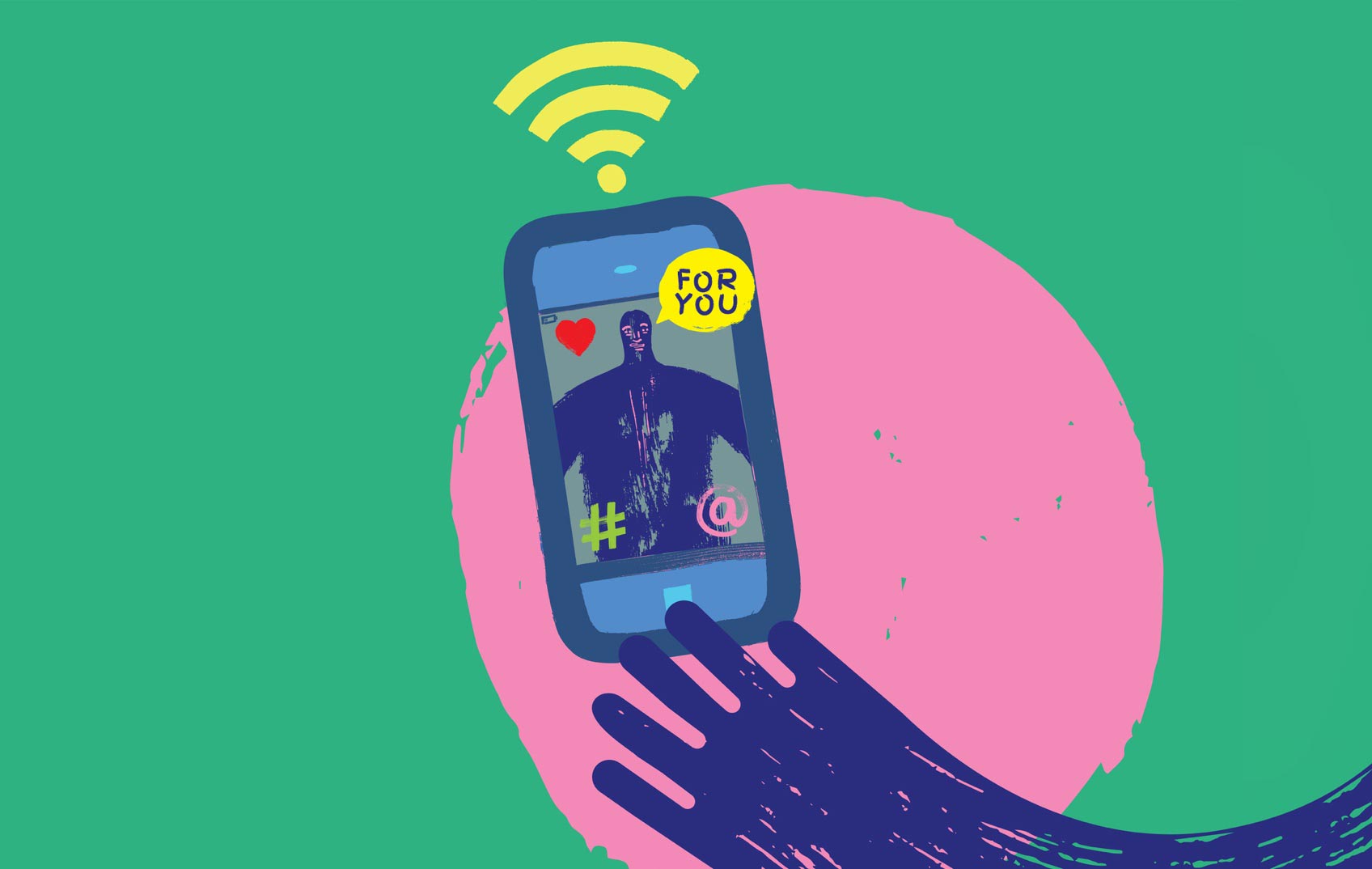 Colourful illustration of a hand holding a mobile with on-screen notifications going off