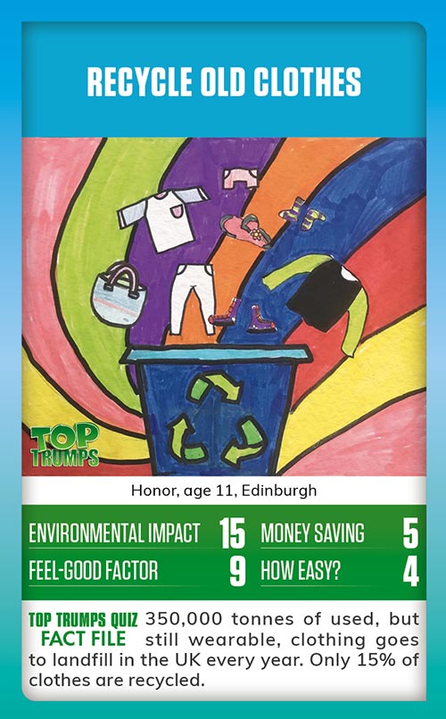Winning MoneySense COP26 Top Trumps card design - A drawing of a recycle bin with lots of clothes coming out, with the message recycle your clothes