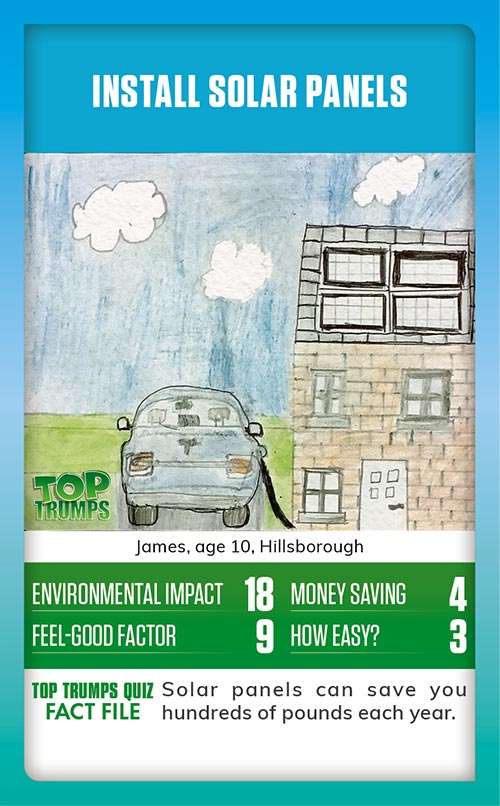 Winning MoneySense COP26 Top Trumps card design - A drawing of a house with solar panels on the roof, with the message install solar panels