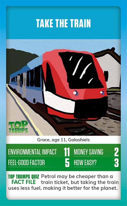Winning MoneySense COP26 Top Trumps card design - A drawing of a train, with the message take the train