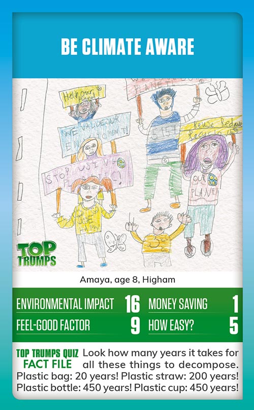 Winning MoneySense COP26 Top Trumps card design - A drawing of people holding placards and peacefully protesting about climate change, with the message be climate aware