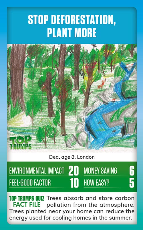Winning MoneySense COP26 Top Trumps card design - A drawing of a forest with trees being destroyed, with the message stop deforestation, plant more trees