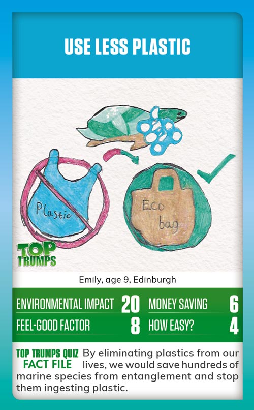 Winning MoneySense COP26 Top Trumps card design - A drawing of plastic bags with a big cross through them, and a poor turtle with the plastic caught around its neck, with the message use less plastic
