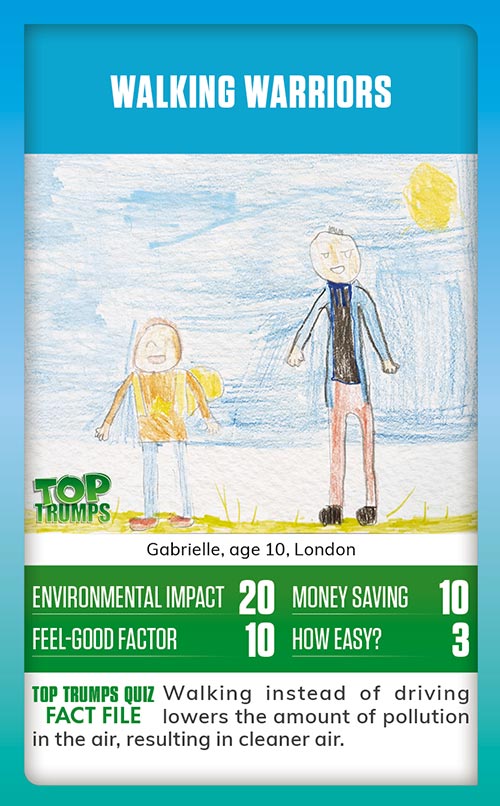 Winning MoneySense COP26 Top Trumps card design - A drawing of a child and their parent going for a walk in the sunshine, with the message walking warriors