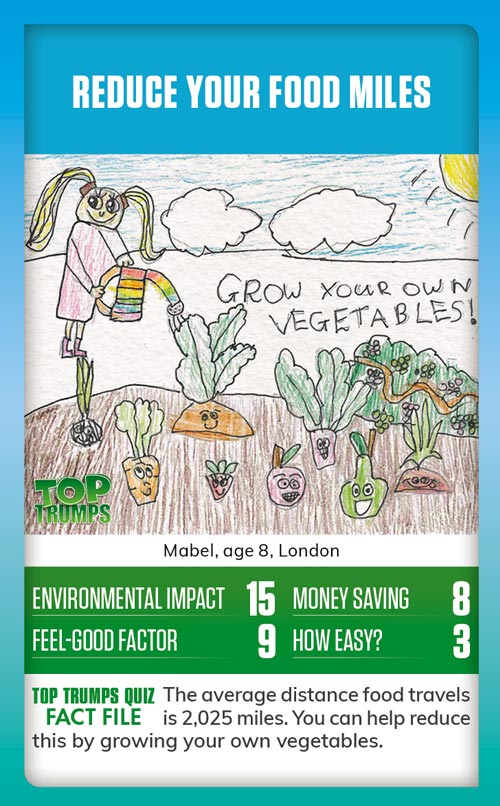 Winning MoneySense COP26 Top Trumps card design - A drawing of a young girl watering her vegetables growing  in the ground, with the message, grow your own vegetables, reduce your food miles